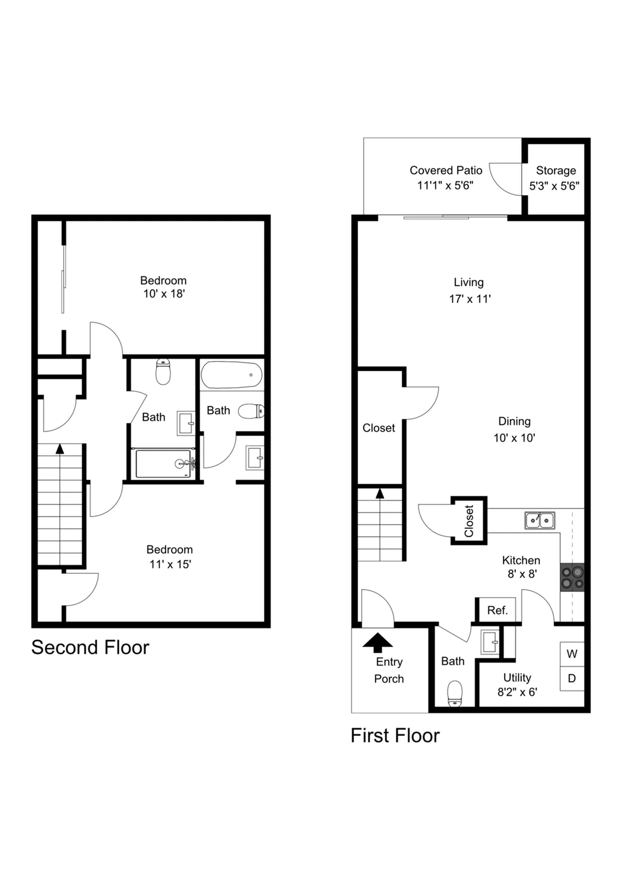 Charming two-story floor plan featuring two spacious bedrooms, two baths, and a cozy living area. Includes a well-designed kitchen, dining area, and a covered patio for outdoor enjoyment.