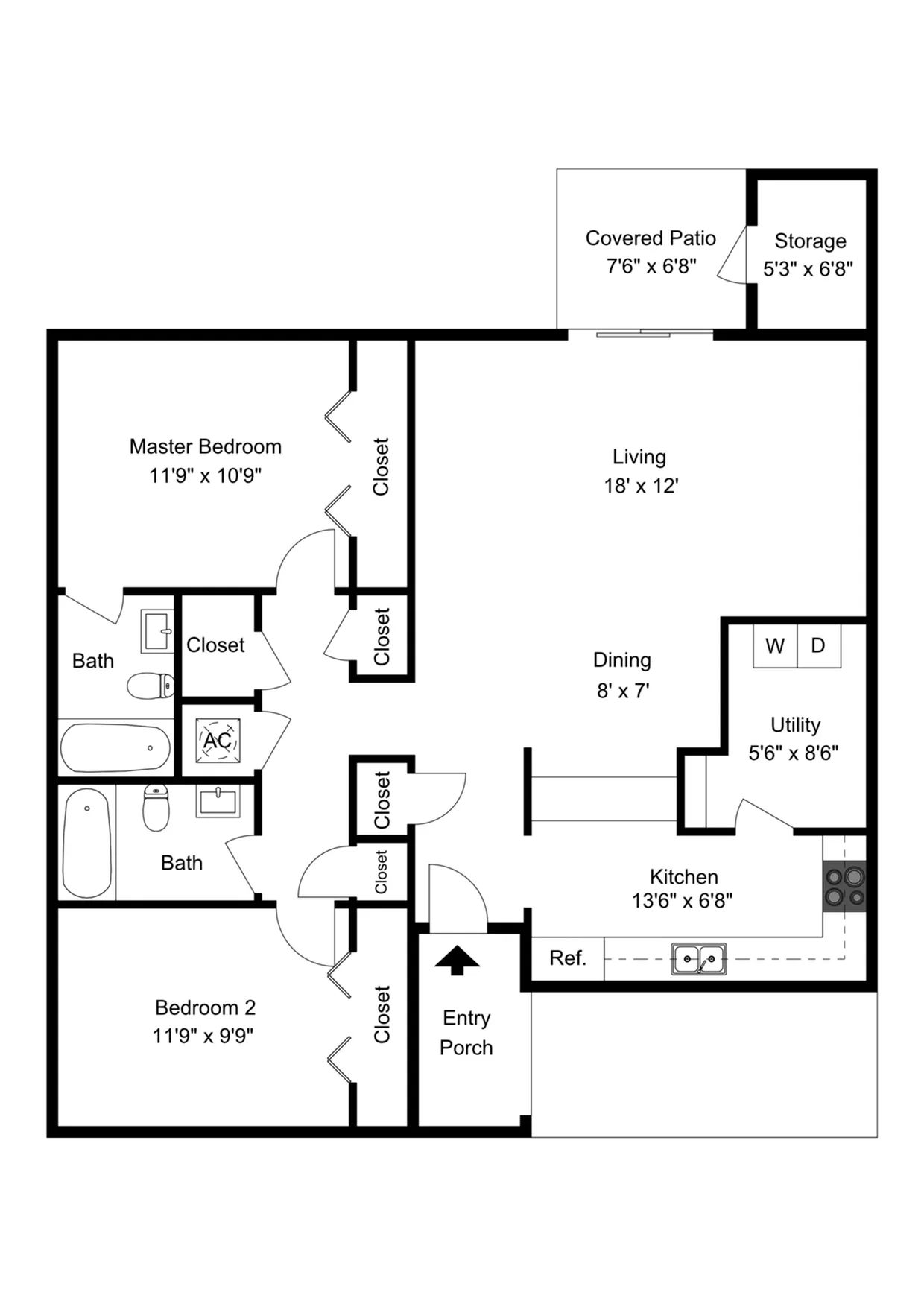Spacious floor plan featuring 2 bedrooms, open living area, modern kitchen, and a cozy covered patio with storage.