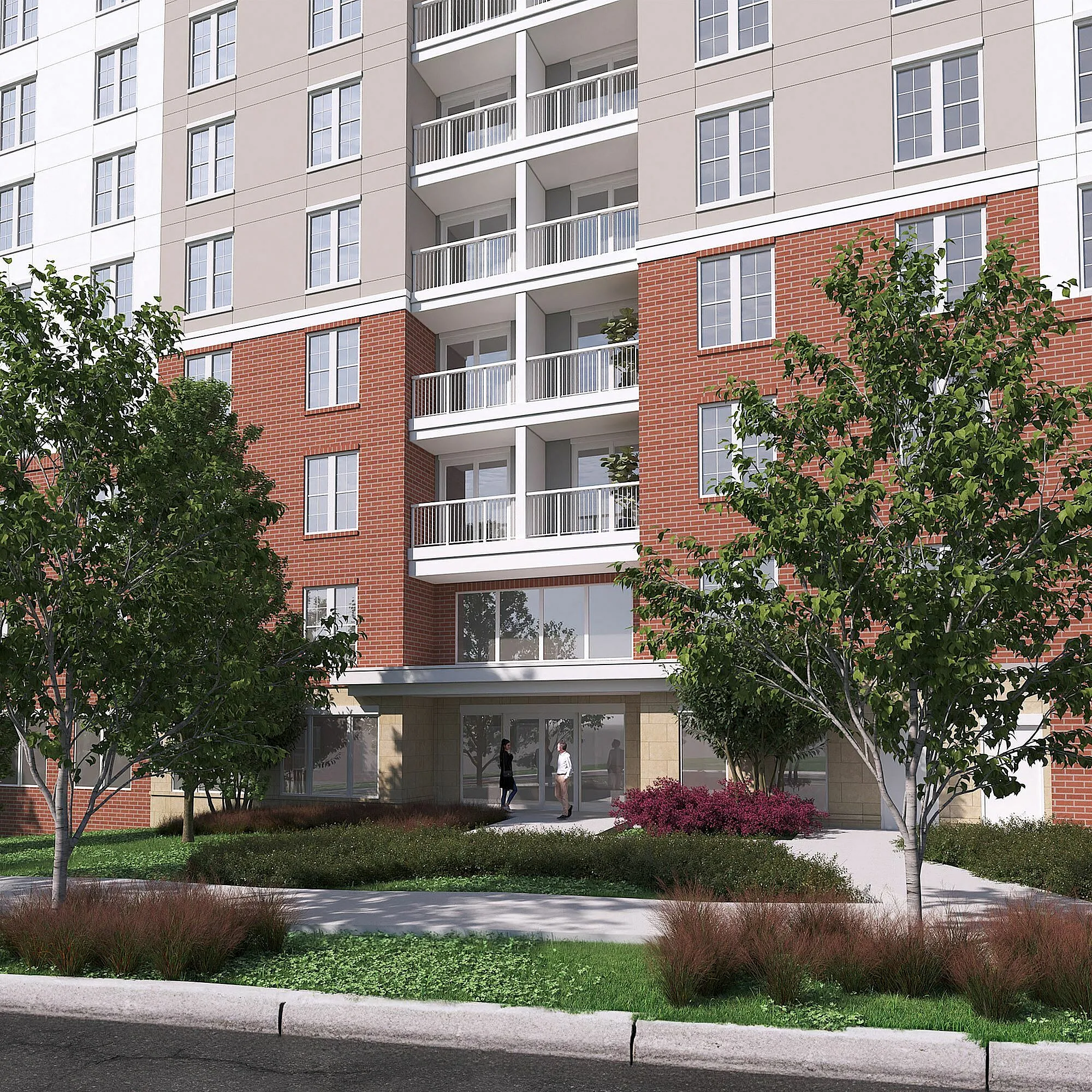 Modern apartment building with red brick facade, lush landscaping, and inviting entrance.