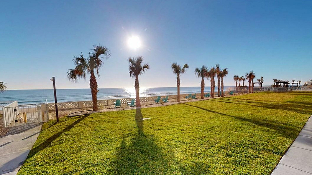 Scenic beachfront view with lush green lawn, palm trees, and clear blue sky, perfect for a serene coastal living experience.