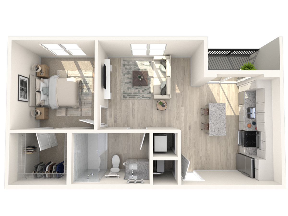 Chic 3D floor plan showcasing a spacious one-bedroom apartment with an open living area, modern kitchen, and elegant bathroom.