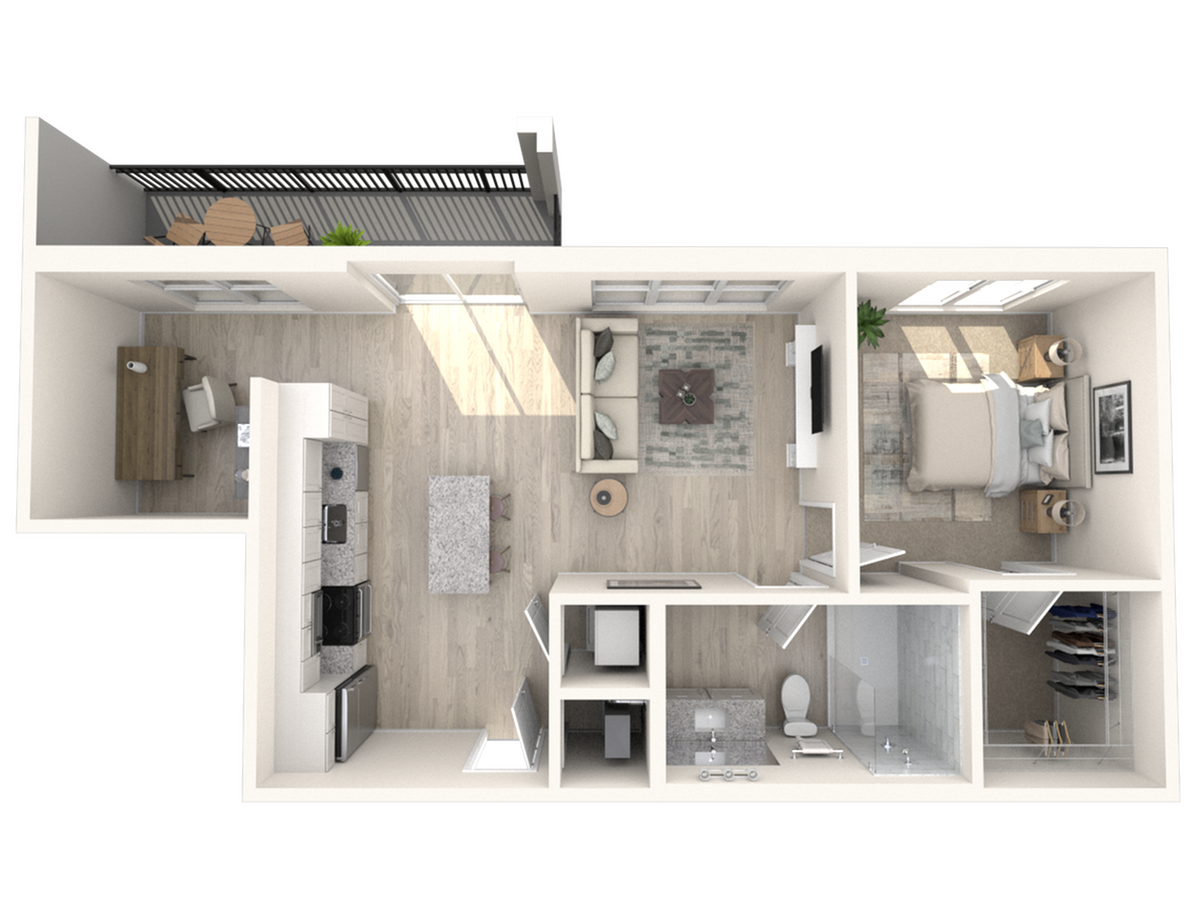 Modern 3D floor plan showcasing a chic one-bedroom apartment with an open kitchen, cozy living space, stylish bathroom, and private balcony.