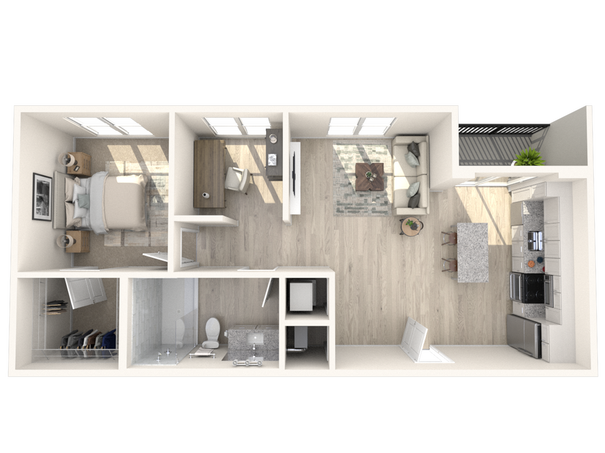 Modern open-concept floor plan with one bedroom, elegant kitchen with island, cozy living area, and stylish bathroom.