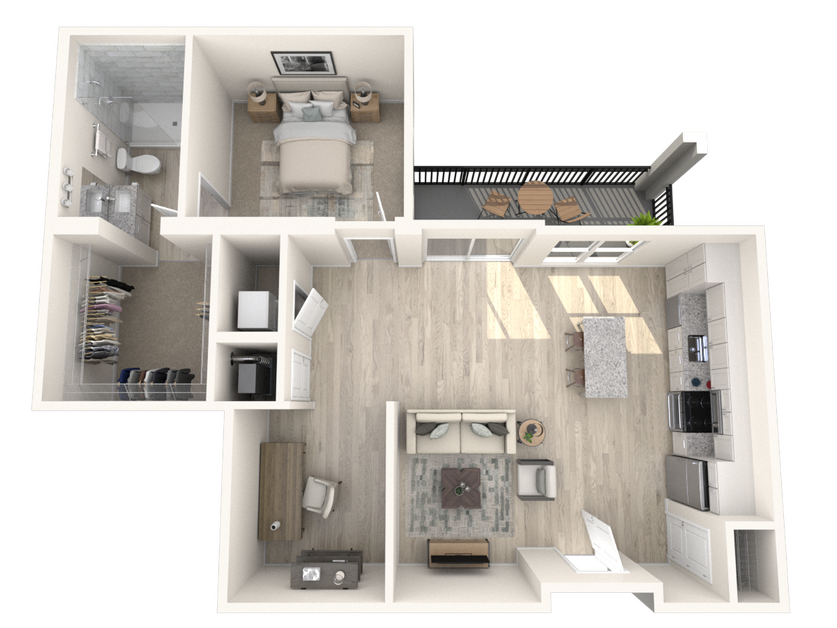 Modern 1-bedroom apartment floor plan featuring an open-concept living area, stylish kitchen, and private balcony.