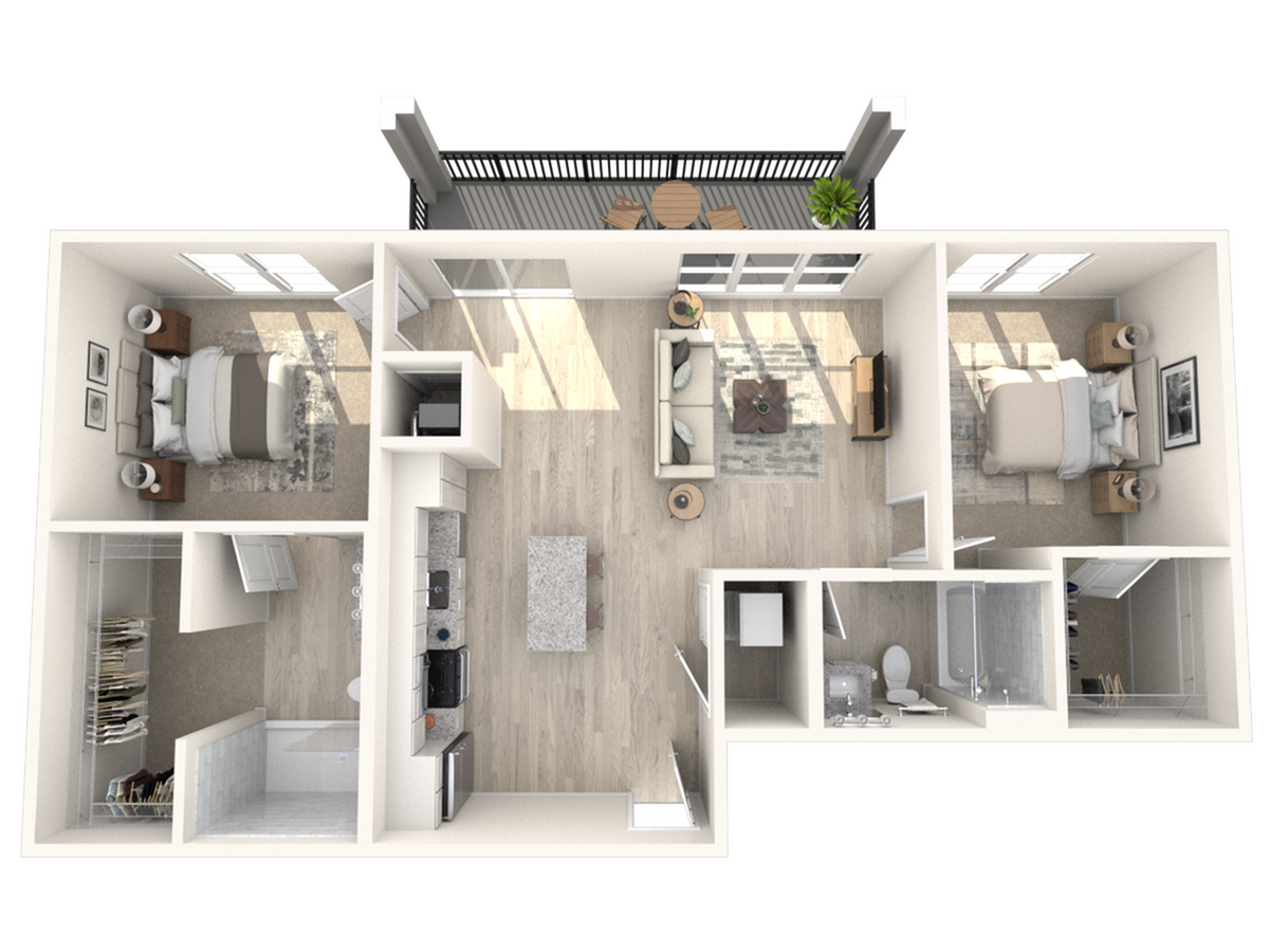 Modern 2D floor plan showcasing 2 bedrooms, an open kitchen with an island, stylish living area, and a private balcony.