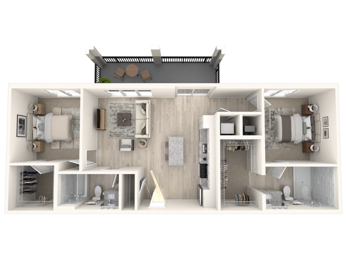 Modern 3D floor plan showcasing 2 bedrooms, 2 bathrooms, an open-concept kitchen, and a cozy living area with a balcony.
