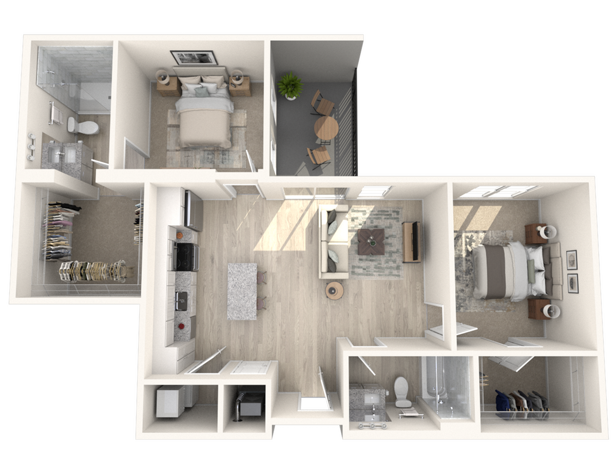 Modern 3D floor plan featuring two spacious bedrooms, a stylish open-concept kitchen, and a cozy living area with balcony access.