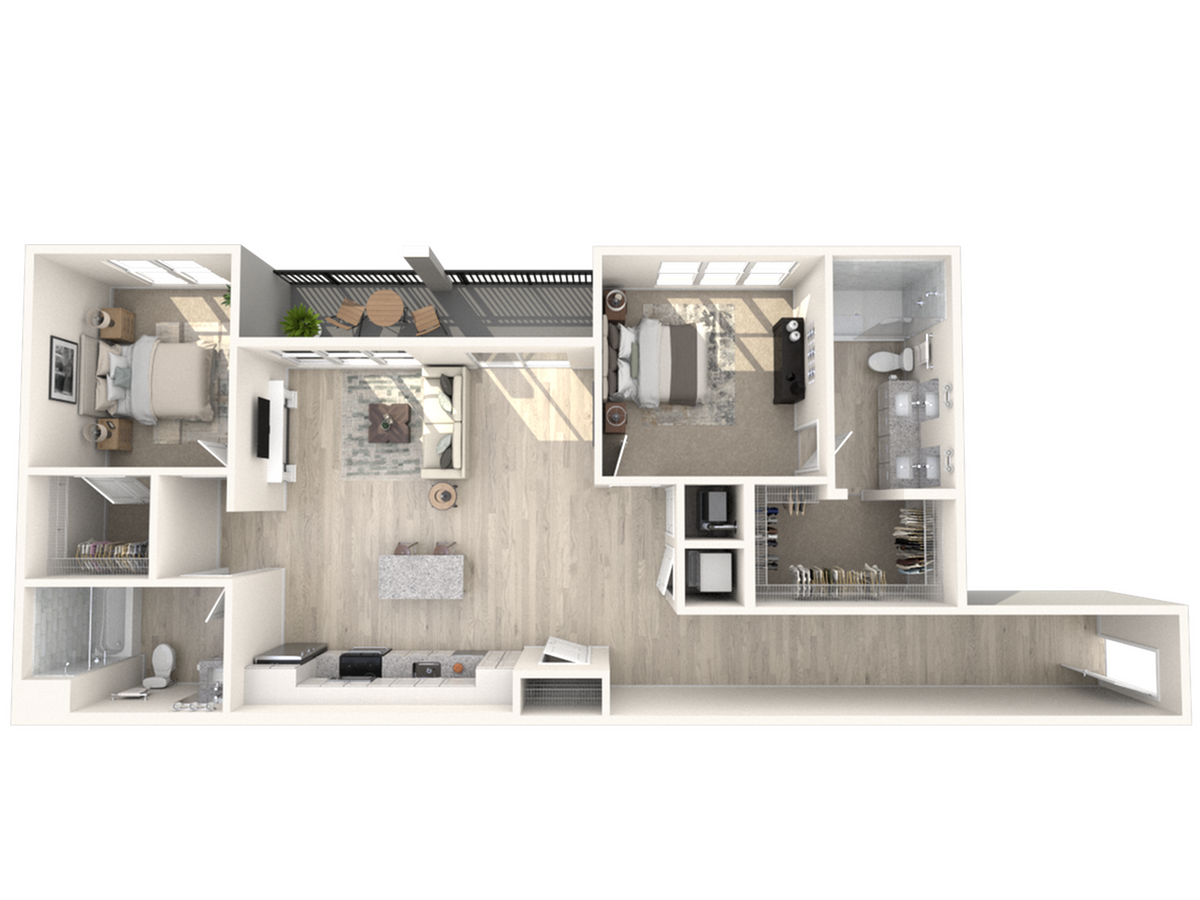 Chic 3D apartment floor plan with 2 bedrooms, cozy living area, modern kitchen, and private balcony.