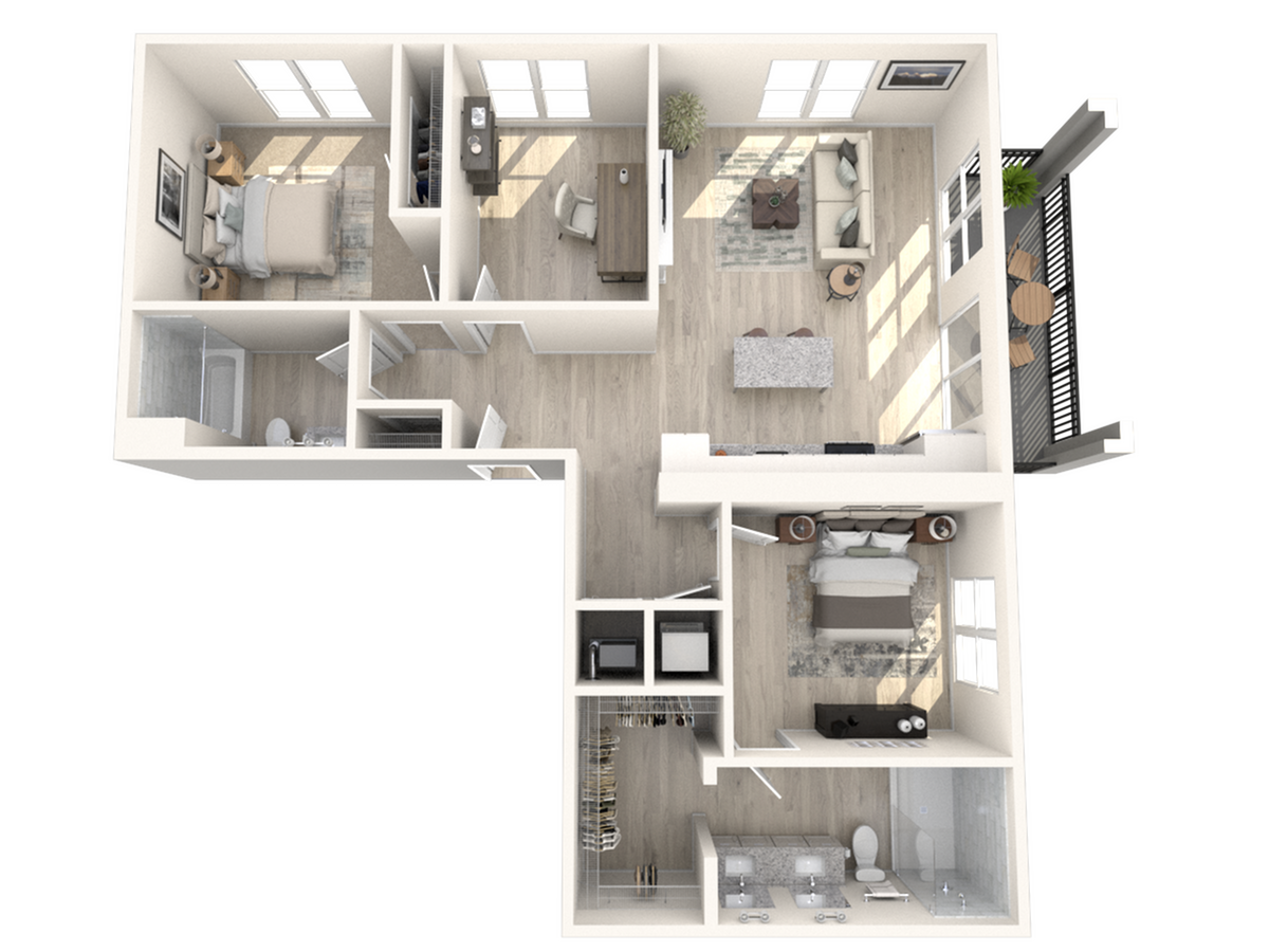 Elegant open-concept floor plan featuring 2 bedrooms, spacious living area, and modern kitchen with balcony access.