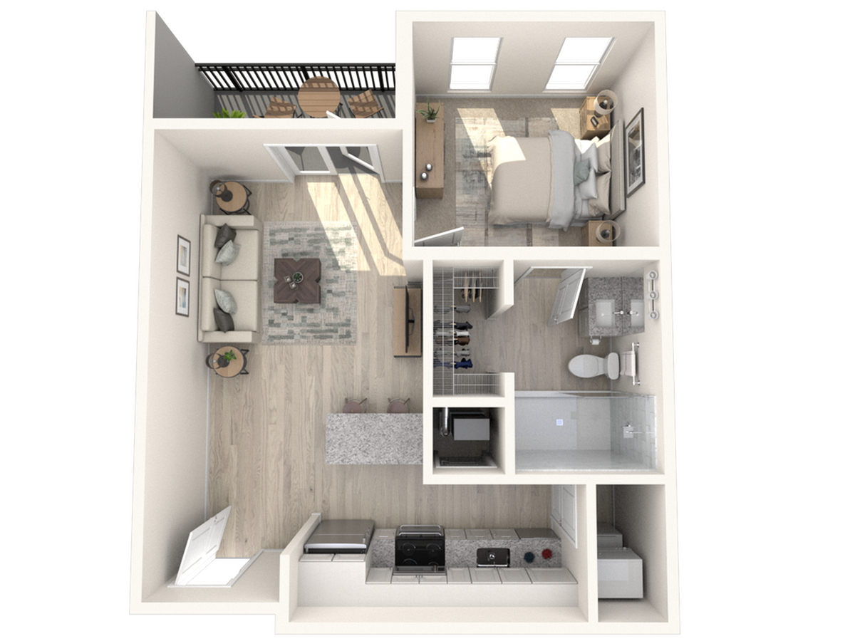 Modern 1-bedroom apartment floor plan featuring an open-concept living area, sleek kitchen, and private balcony.