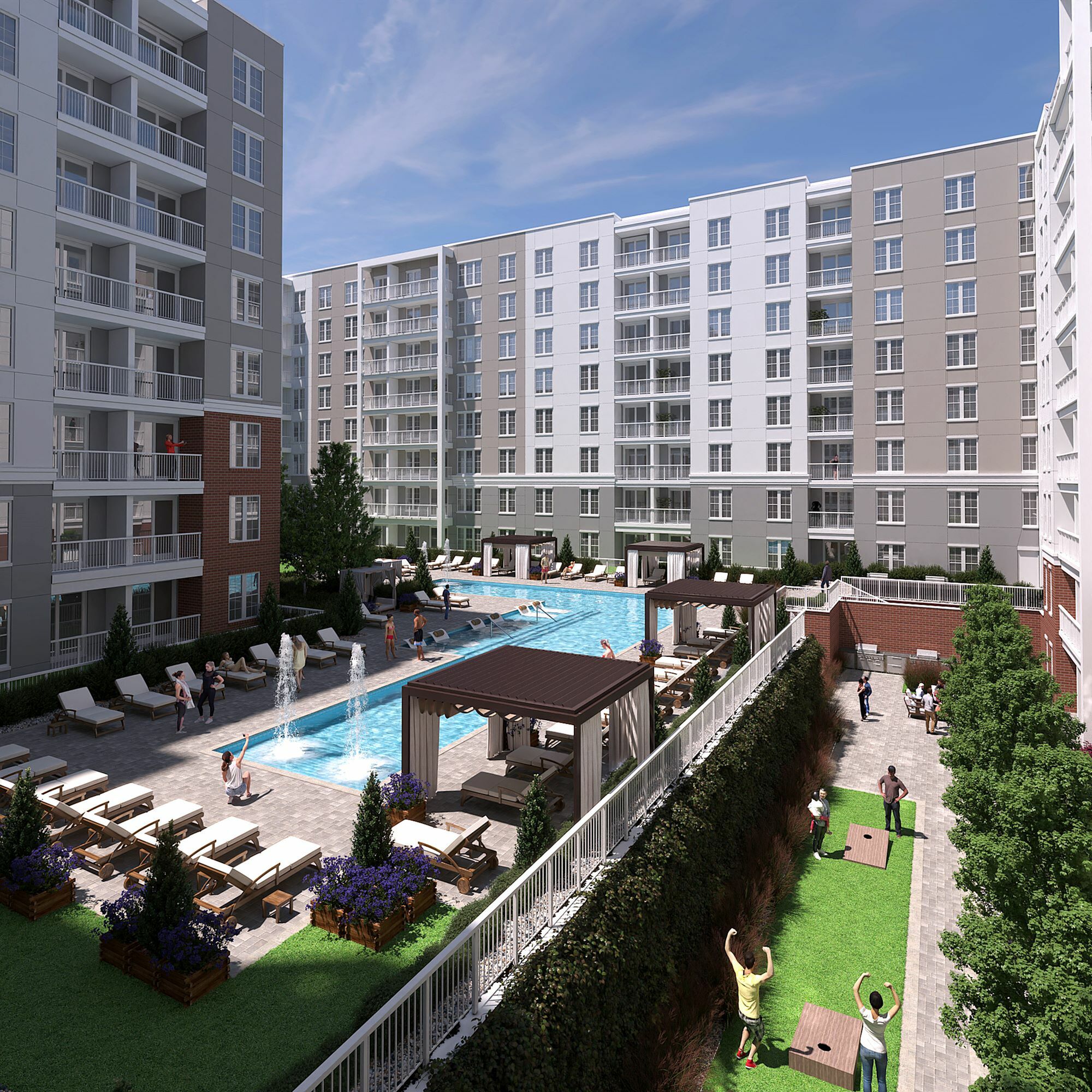 Luxurious apartment complex with a stunning outdoor pool, sun loungers, private cabanas, and lush landscaping, perfect for relaxation and leisure.