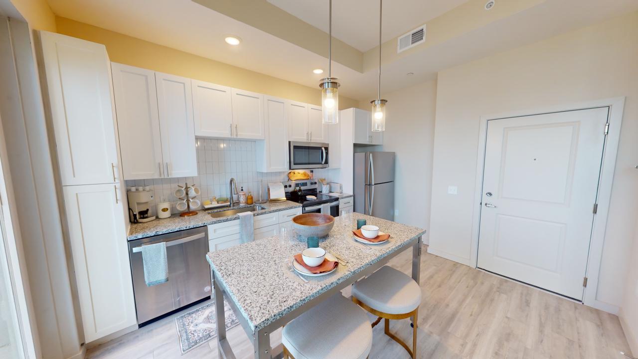 Chic modern kitchen with granite countertops, stainless steel appliances, and stylish pendant lighting, perfect for culinary enthusiasts.