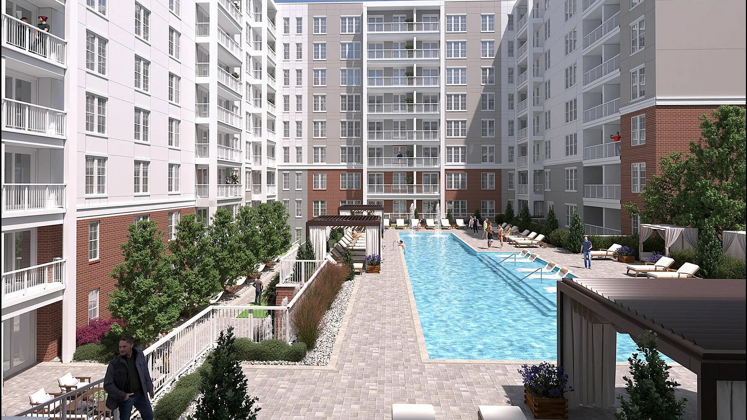 Luxurious apartment complex with a sparkling outdoor pool, surrounded by modern high-rise buildings and lush greenery, creating a serene oasis.