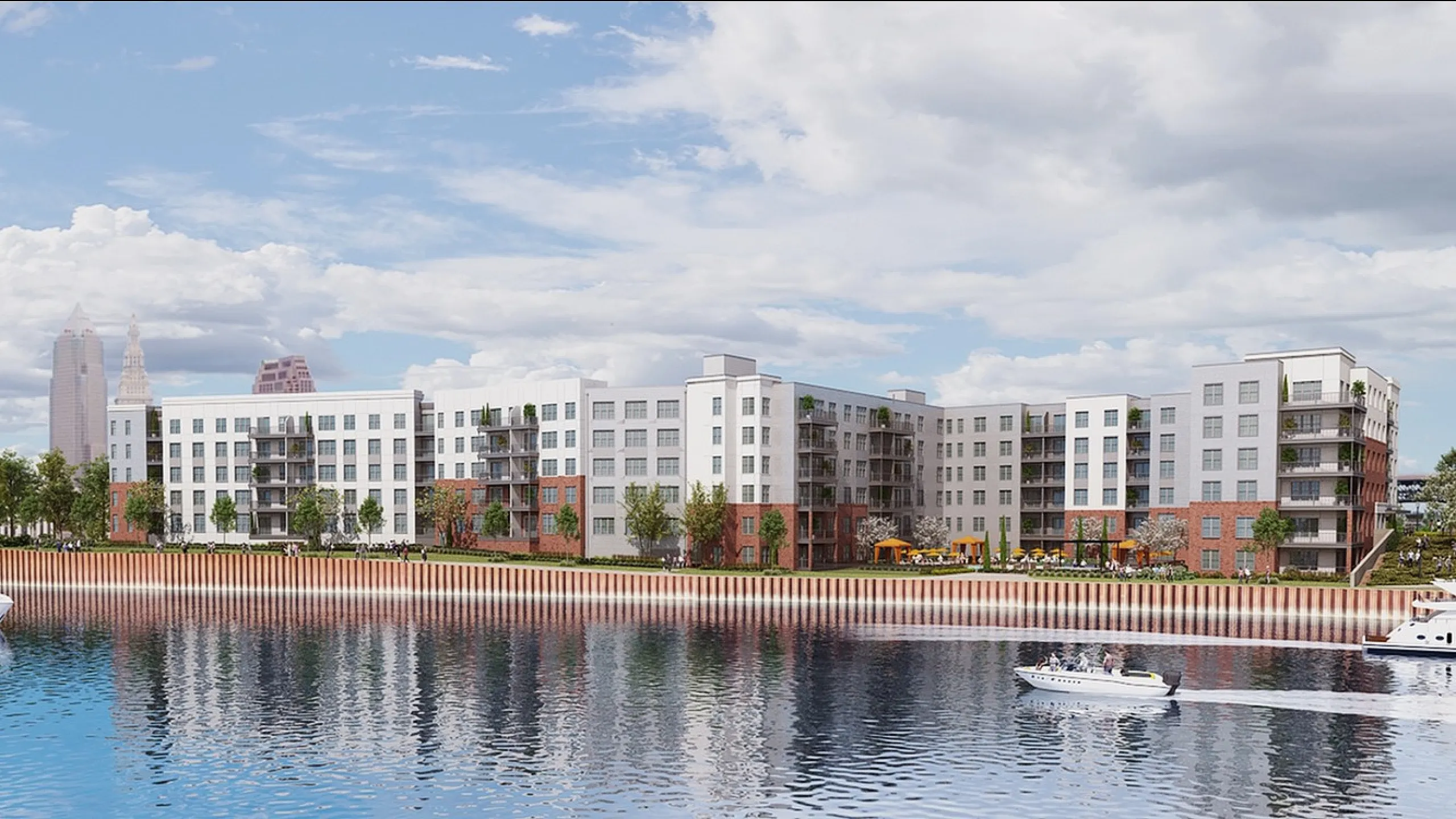 Modern riverside apartment complex with stunning waterfront views, lush greenery, and urban skyline backdrop.