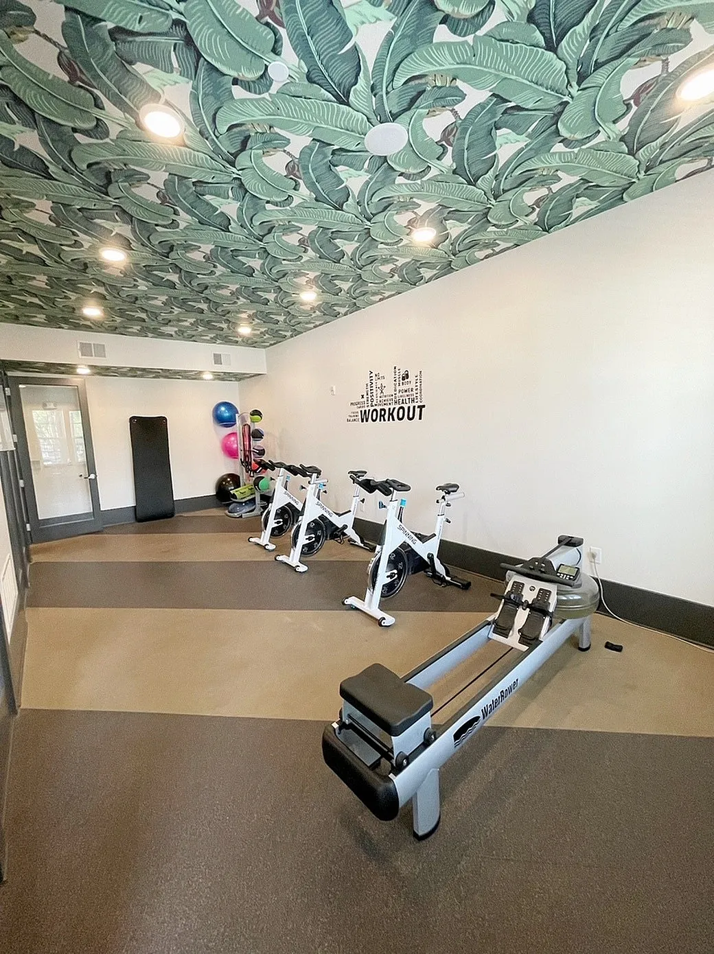 Modern fitness room with vibrant tropical ceiling, featuring exercise bikes, rowing machine, and colorful workout equipment for an energizing workout space.