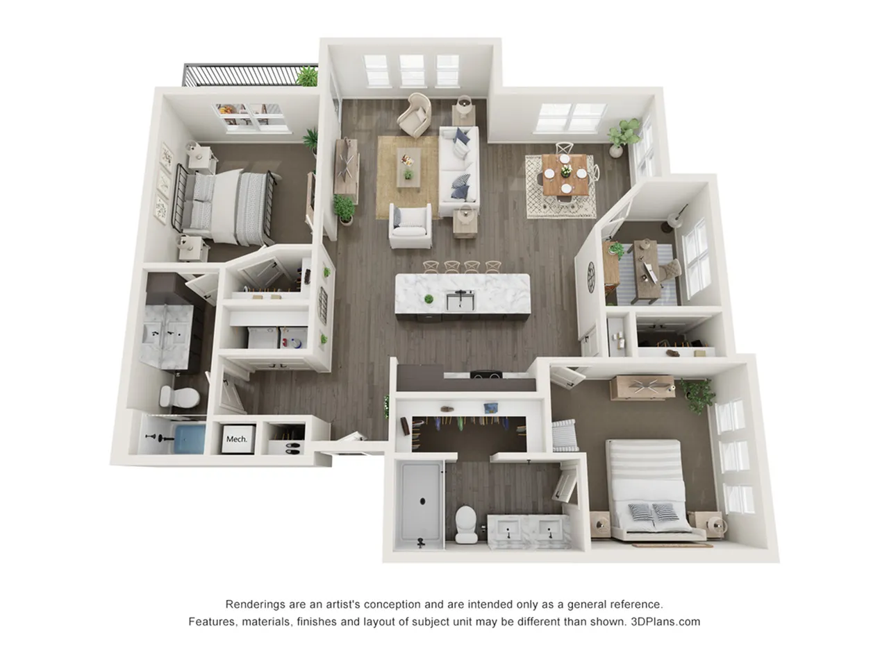 D1 two bedroom two bathroom 1366 square feet Encore Apartments