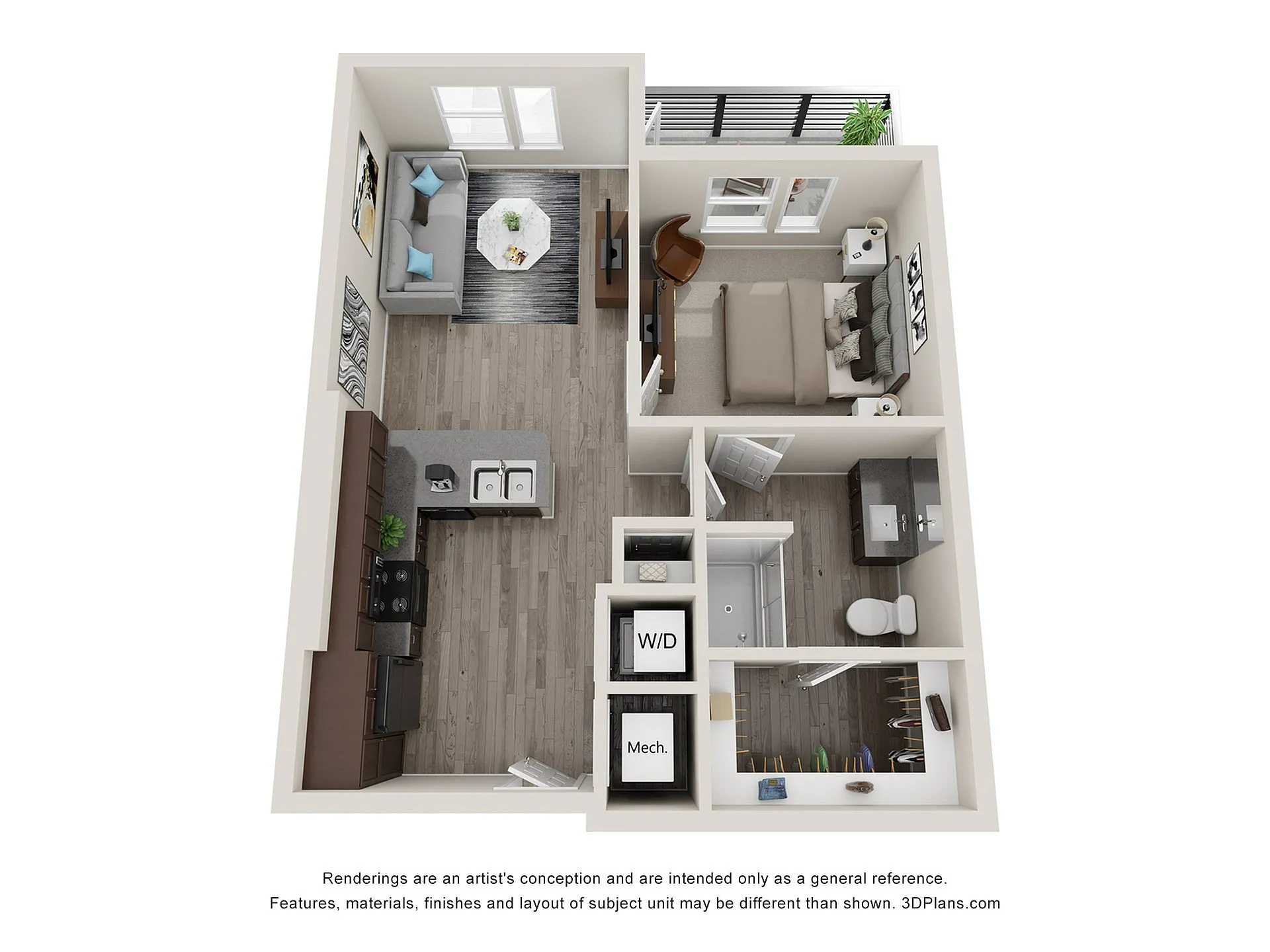 Inviting 3D floor plan showcasing a cozy 1-bedroom apartment with a modern kitchen, stylish living area, and a private balcony.