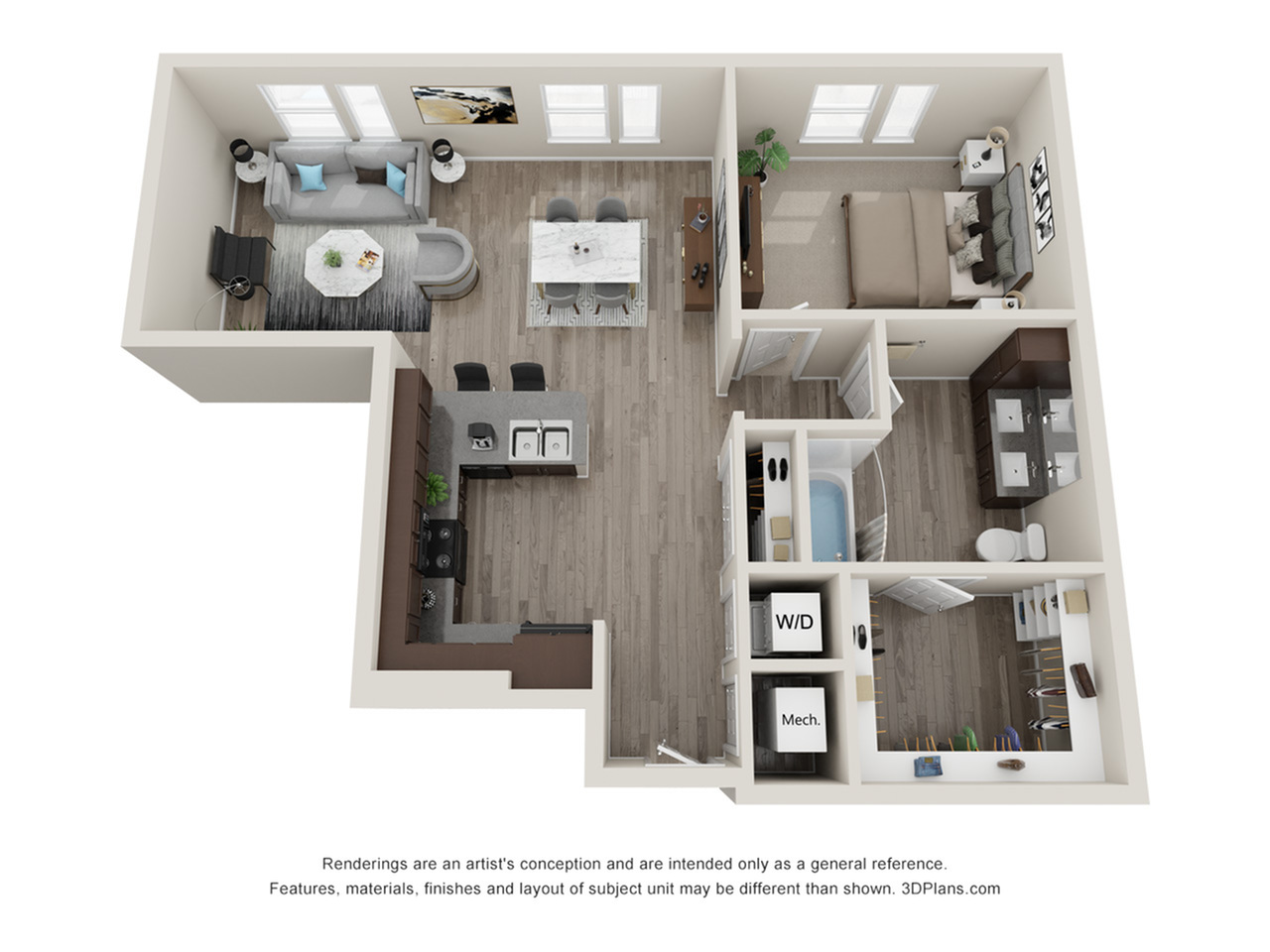 Contemporary 3D floor plan highlighting a cozy 1-bedroom apartment with an open-concept living and dining area, modern kitchen, and stylish bathroom.