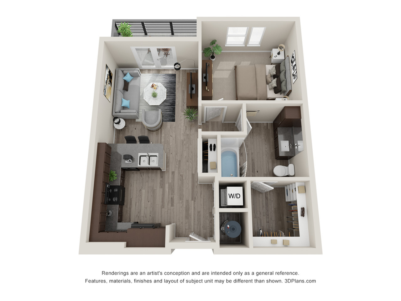 Chic 3D floor plan showcasing a modern 1-bedroom apartment with an open living area, sleek kitchen, and elegant bathroom.