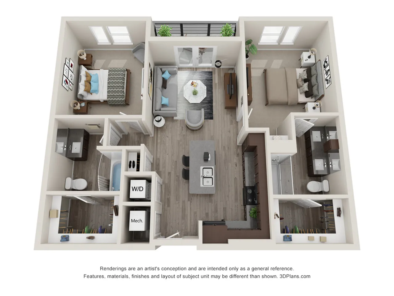 Contemporary 3D floor plan highlighting 2 bedrooms, open living area, modern kitchen, and dual bathrooms with elegant finishes.