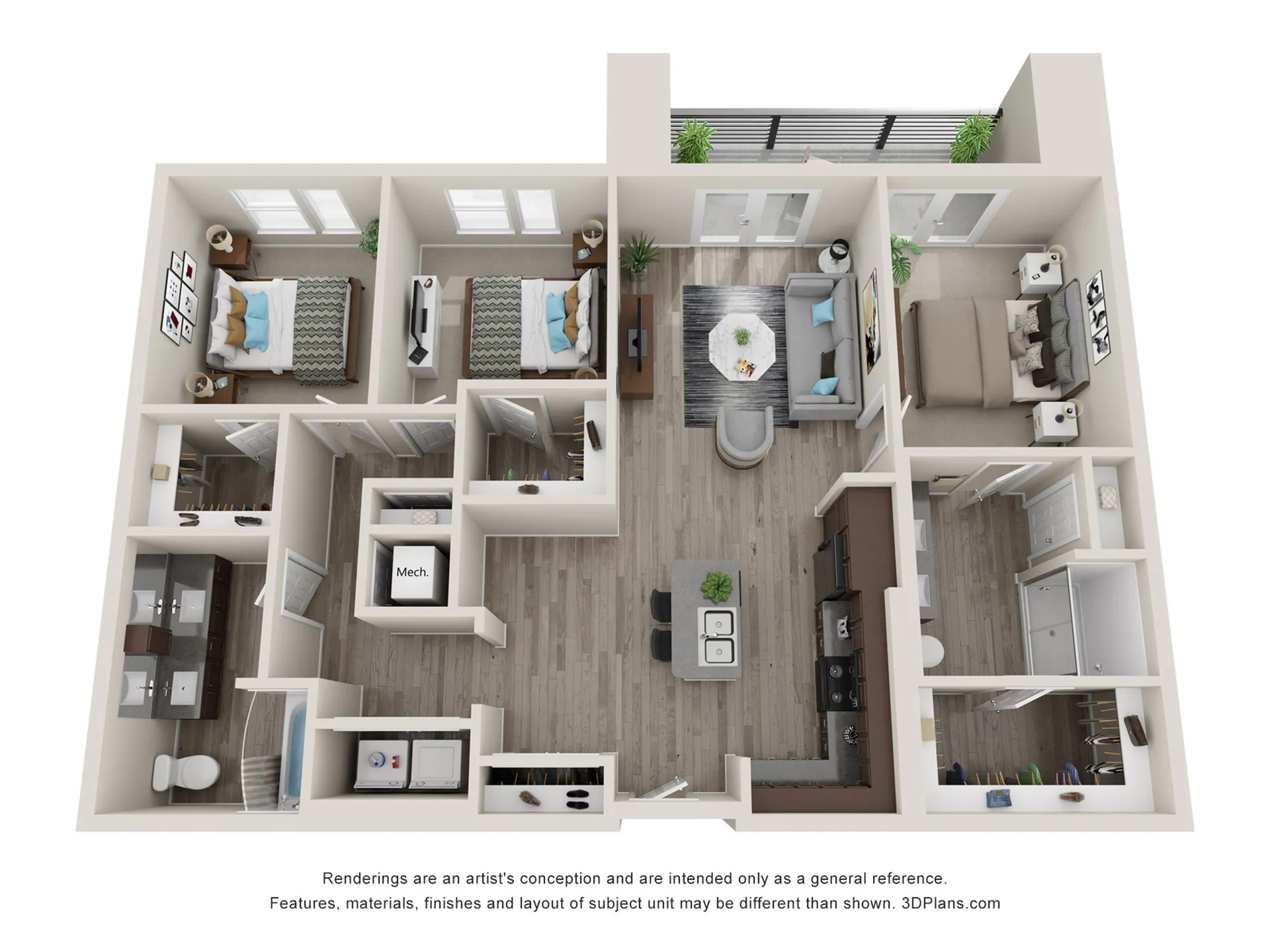 Contemporary 3D floor plan showcasing 3 bedrooms, a modern kitchen, a cozy living room, and ample natural light.
