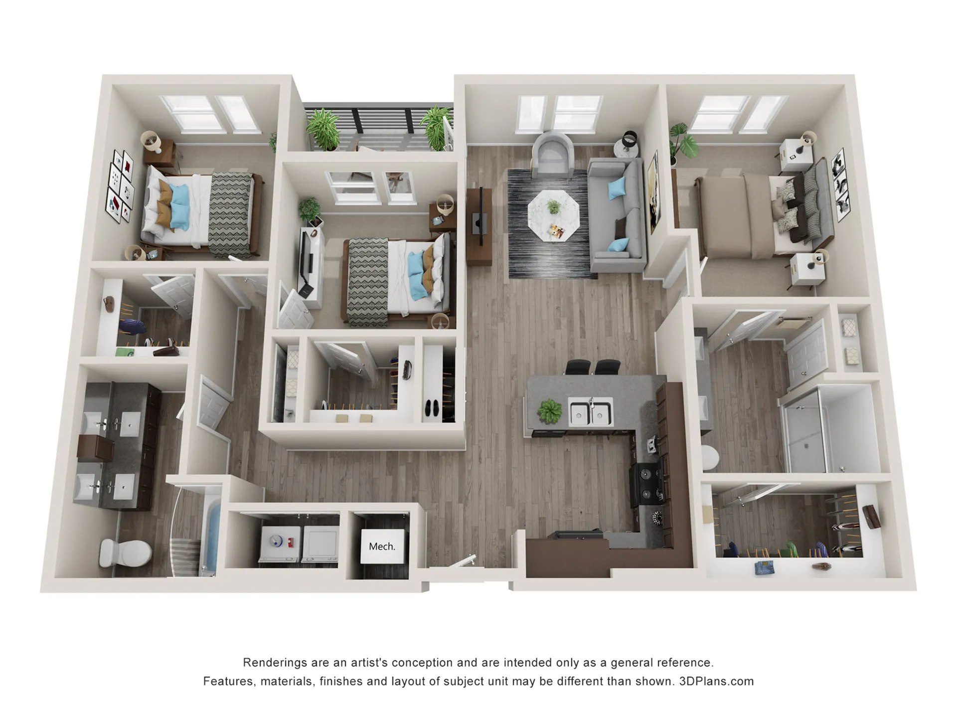 Spacious 3D floor plan showcasing three well-appointed bedrooms, a modern kitchen with island seating, and an inviting living area with balcony access.