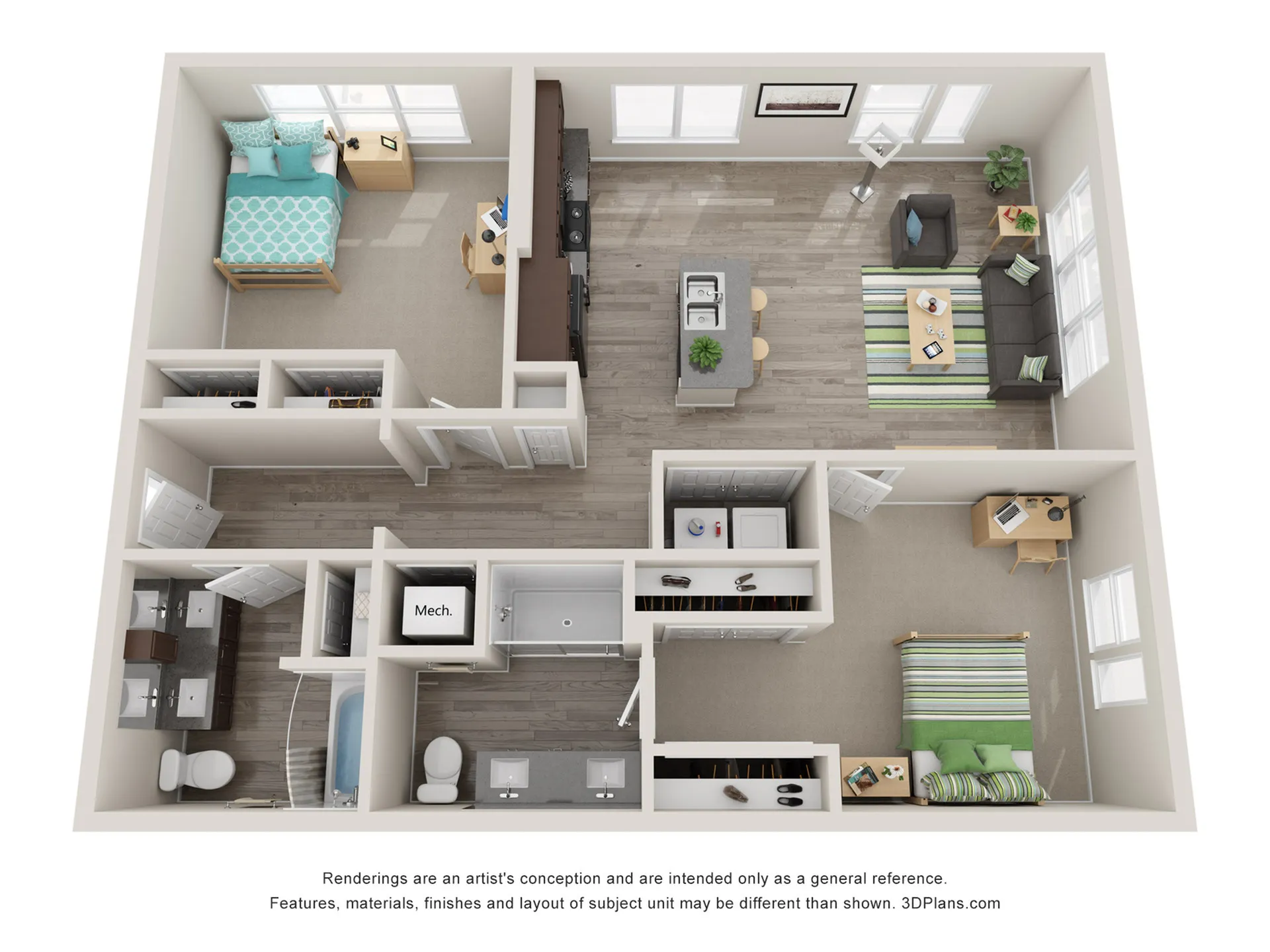 Modern 3D floor plan of a chic apartment featuring 2 cozy bedrooms, an open-concept kitchen with bar seating, and a spacious living area with natural light.