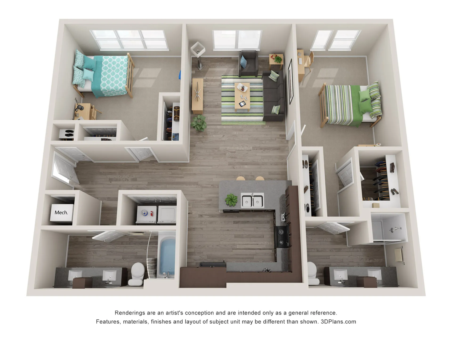 Inviting 3D floor plan showcasing a modern apartment with 2 cozy bedrooms, spacious open-plan kitchen and living area, and elegant bathroom layout.