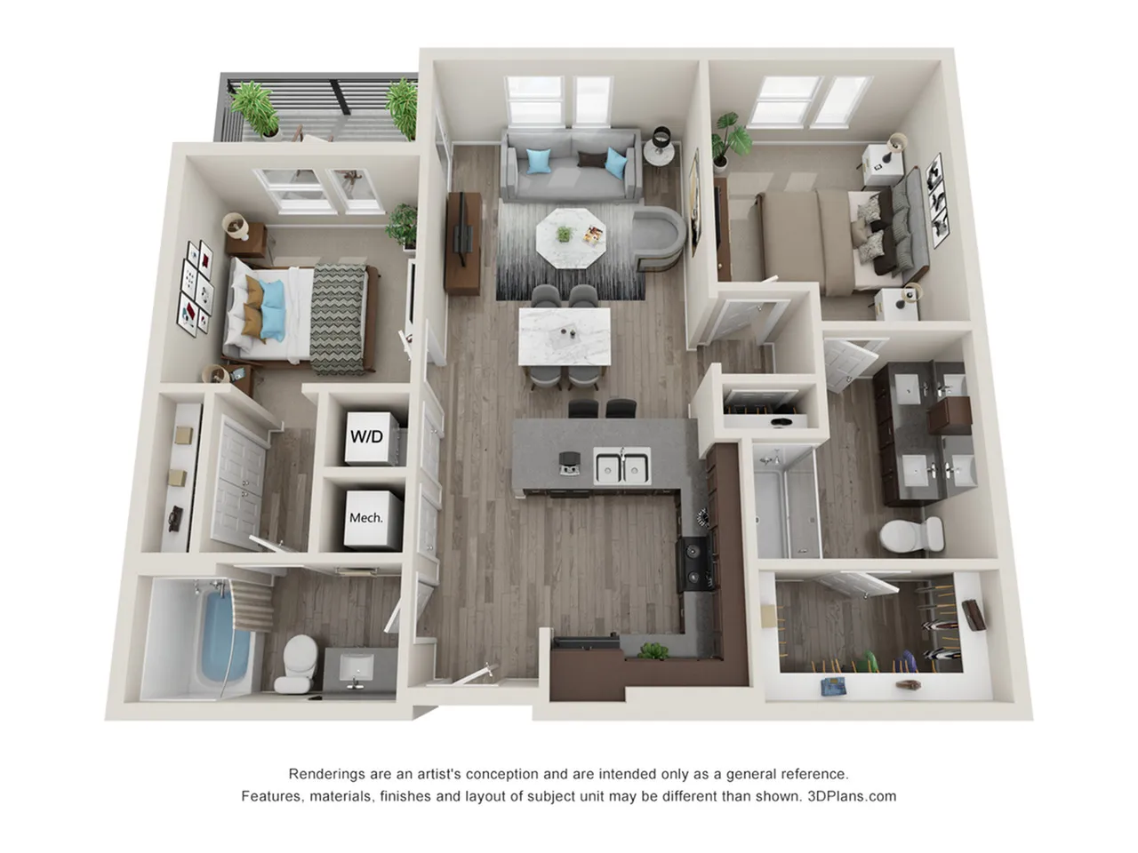 Chic 3D floor plan showcasing 2 bedrooms, an elegant open-concept kitchen and living area, stylish balcony, and modern amenities.