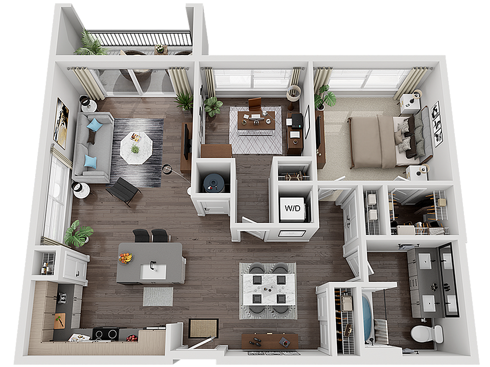 Chic 3D floor plan showcasing a modern apartment with one bedroom, a contemporary kitchen, spacious living area, and office space.