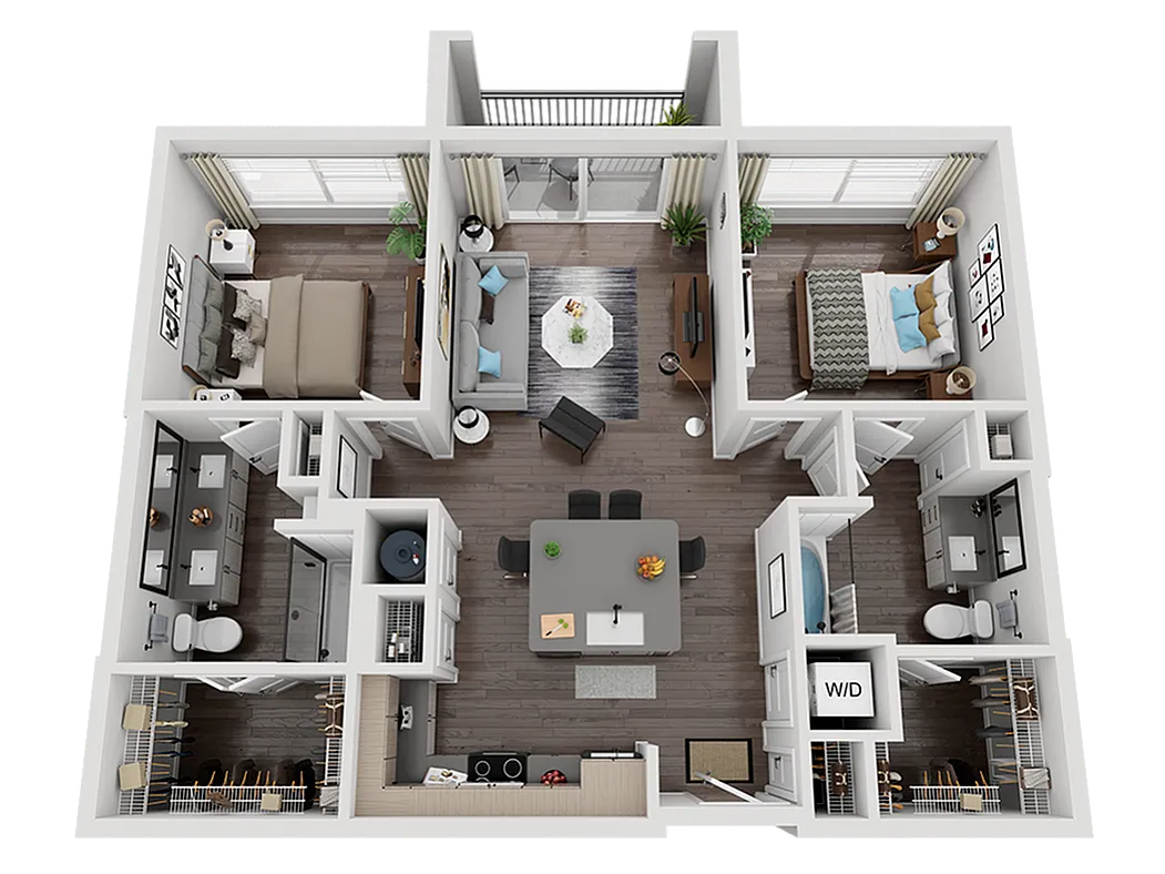 Modern 3D floor plan featuring two elegant bedrooms, spacious living room, stylish kitchen with island, and two luxurious bathrooms.
