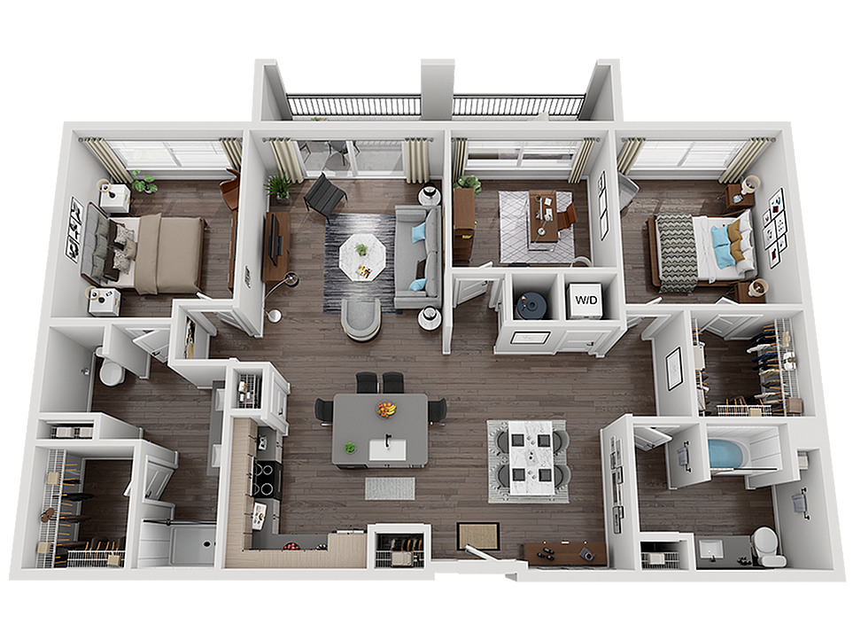 Modern 3D floor plan showcasing 2 bedrooms, a stylish open-concept living area, and a sleek kitchen layout.