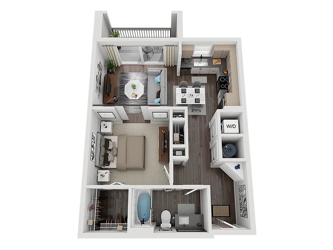 Chic 3D floor plan featuring a spacious one-bedroom apartment with an open-concept living and dining area, modern kitchen, and private balcony.