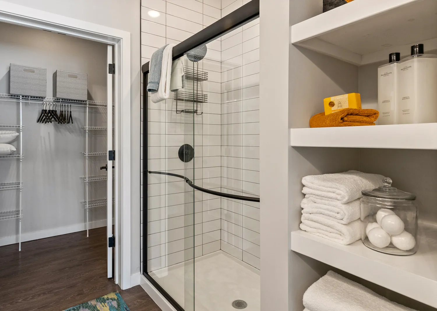 Modern bathroom with a glass shower door, built-in shelving, and walk-in closet.