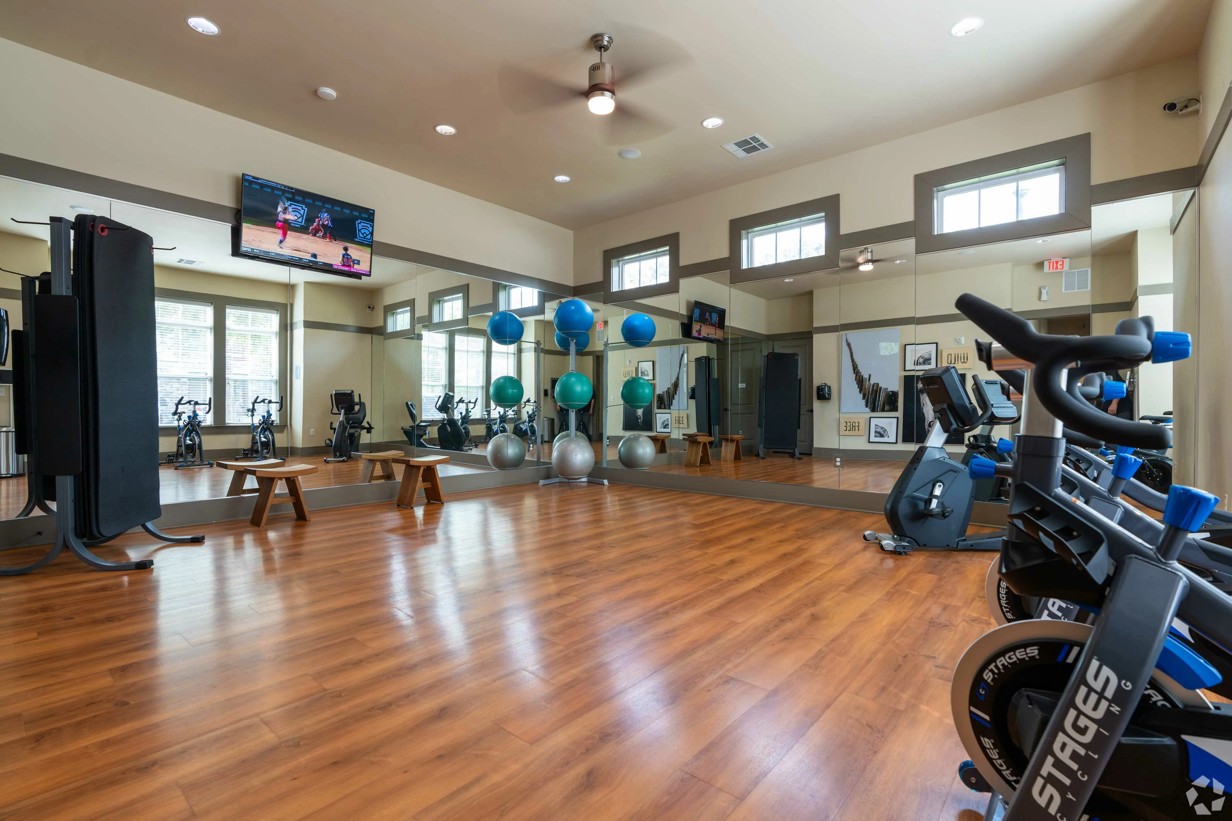 Sleek fitness studio showcasing exercise bikes, yoga balls, and a mirrored wall for dynamic workouts.
