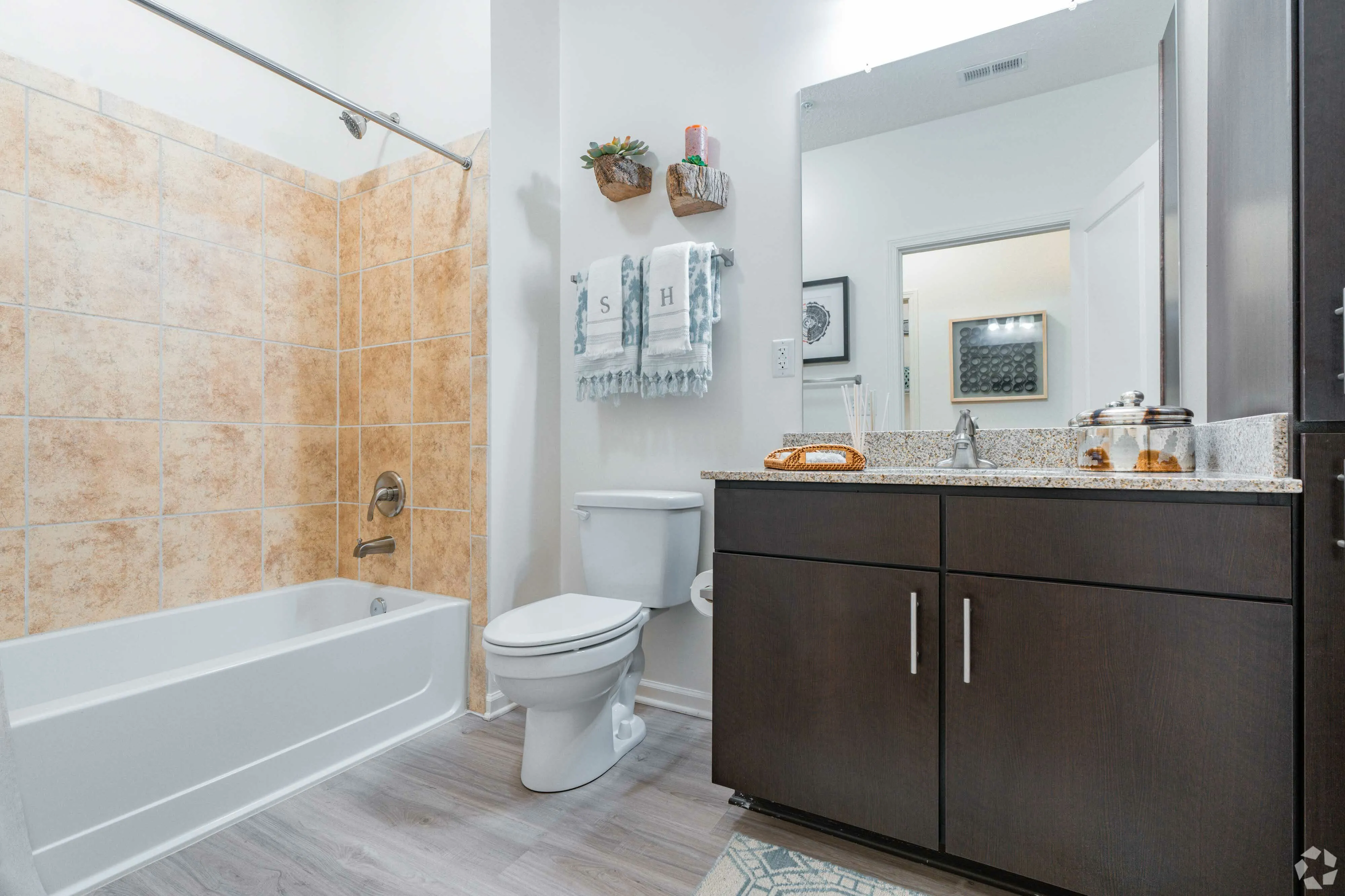 Elegant bathroom with tiled shower, sleek vanity, and modern decor.