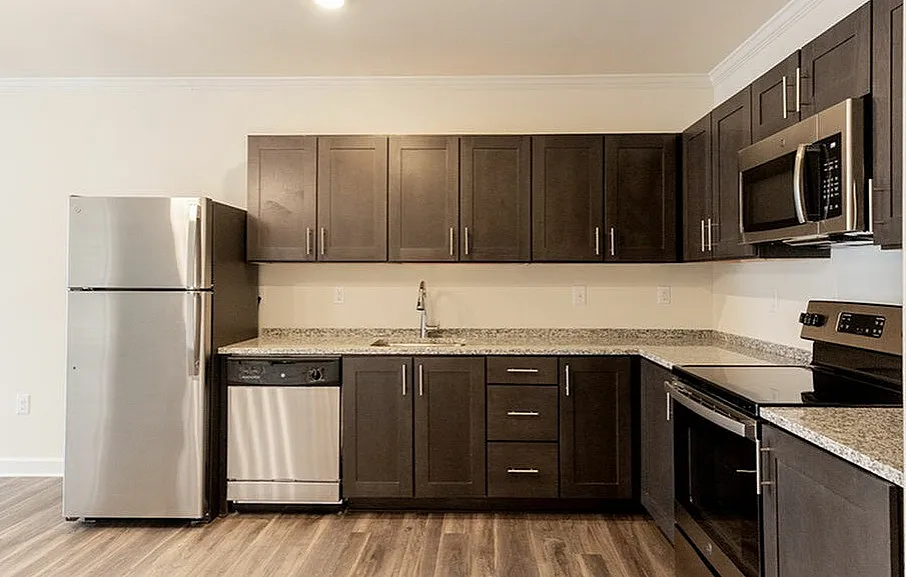 Modern kitchen with sleek stainless-steel appliances, elegant dark cabinets, and stylish granite countertops.