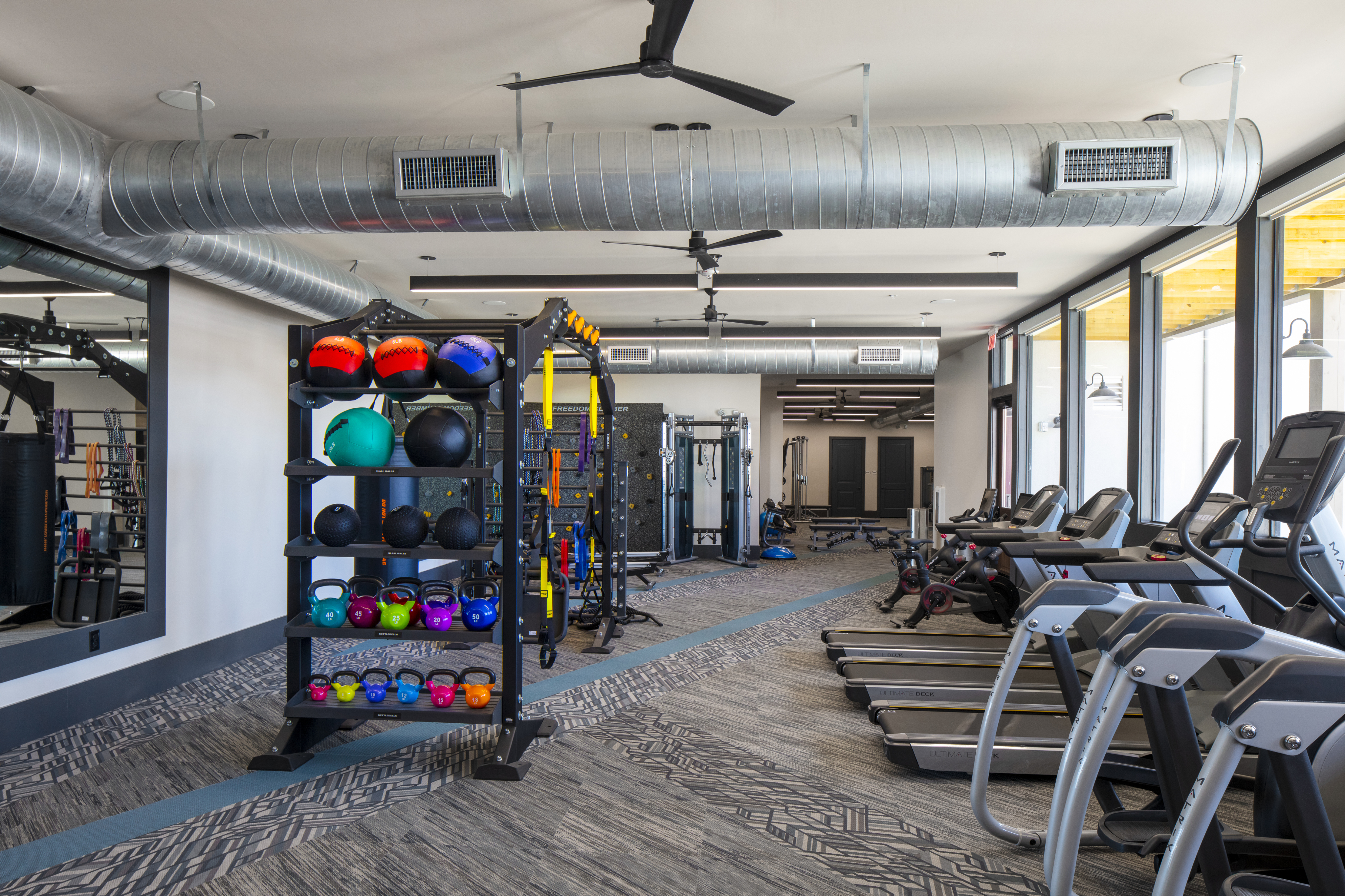 Sleek, modern fitness center equipped with treadmills, free weights, and dynamic training areas, perfect for an energizing workout.