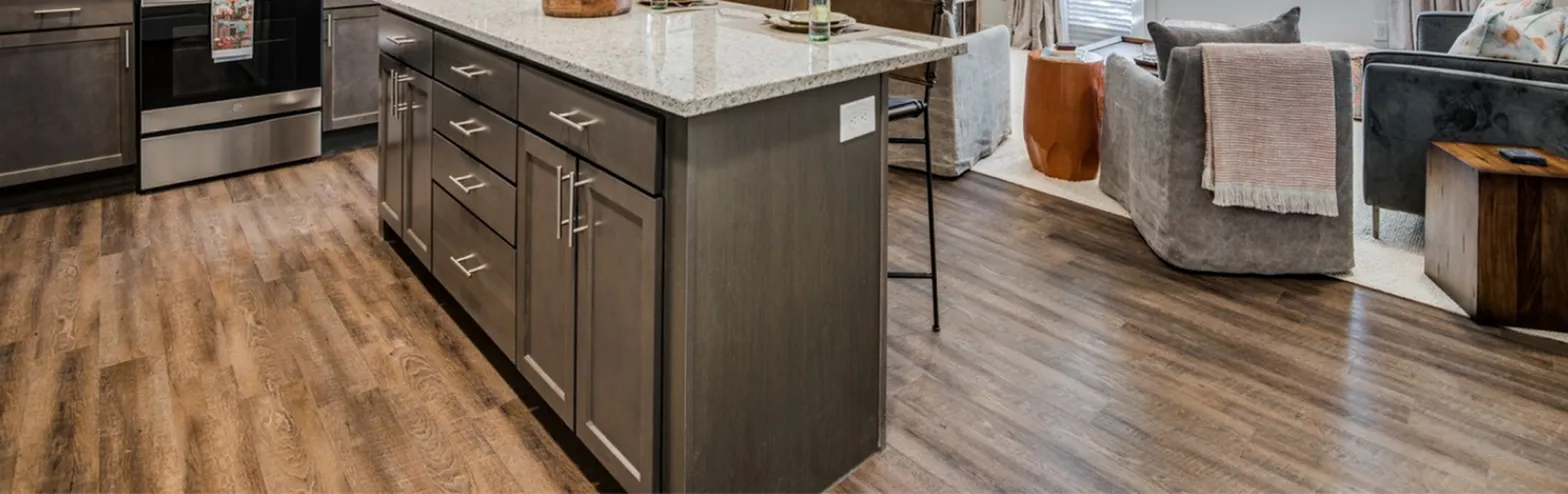 Modern kitchen with sleek granite countertops, stylish wood cabinetry, and adjacent cozy living area with elegant furnishings.
