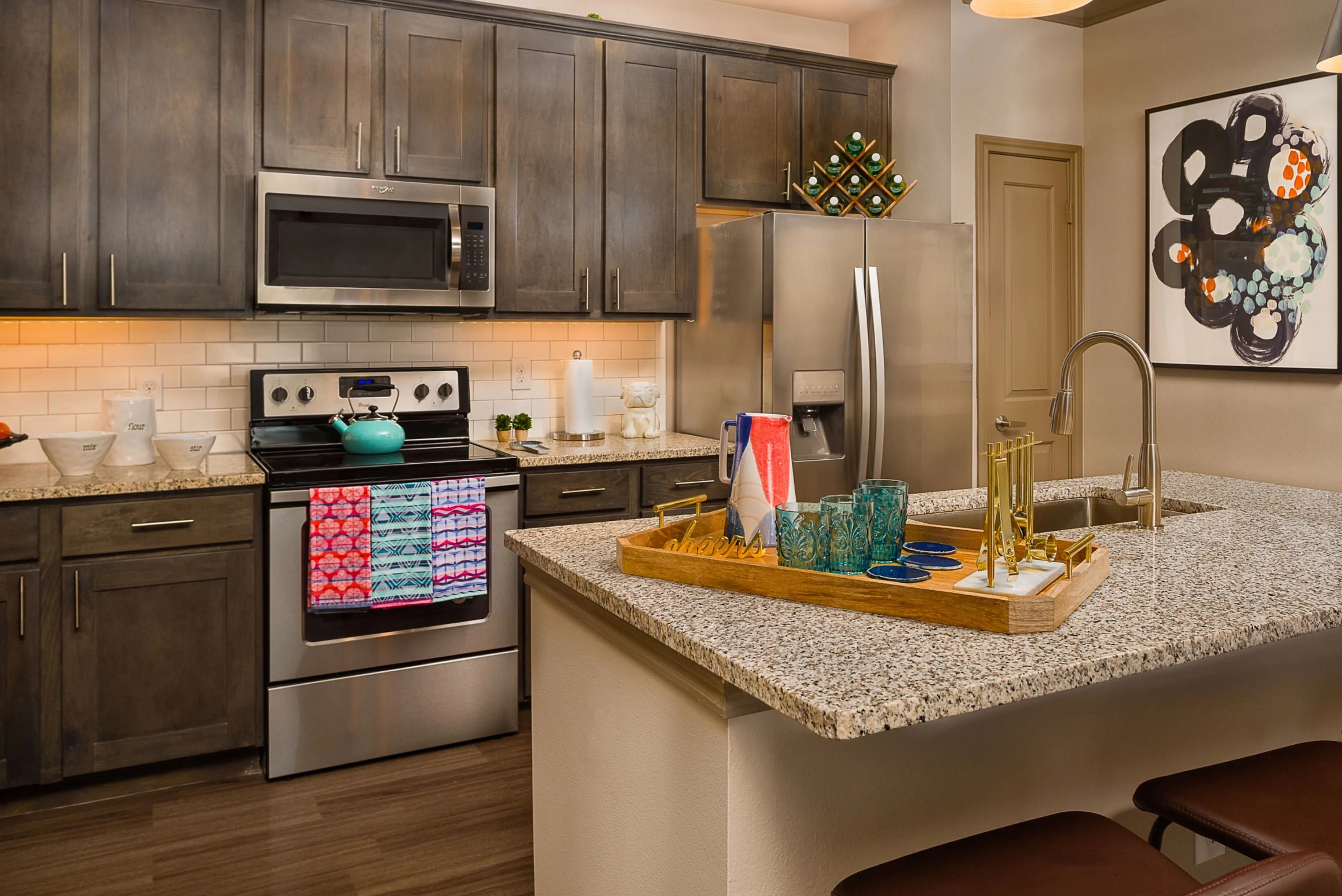 Modern kitchen with granite countertops, stainless steel appliances, and stylish cabinetry, complemented by vibrant decor and under-cabinet lighting for an inviting atmosphere.