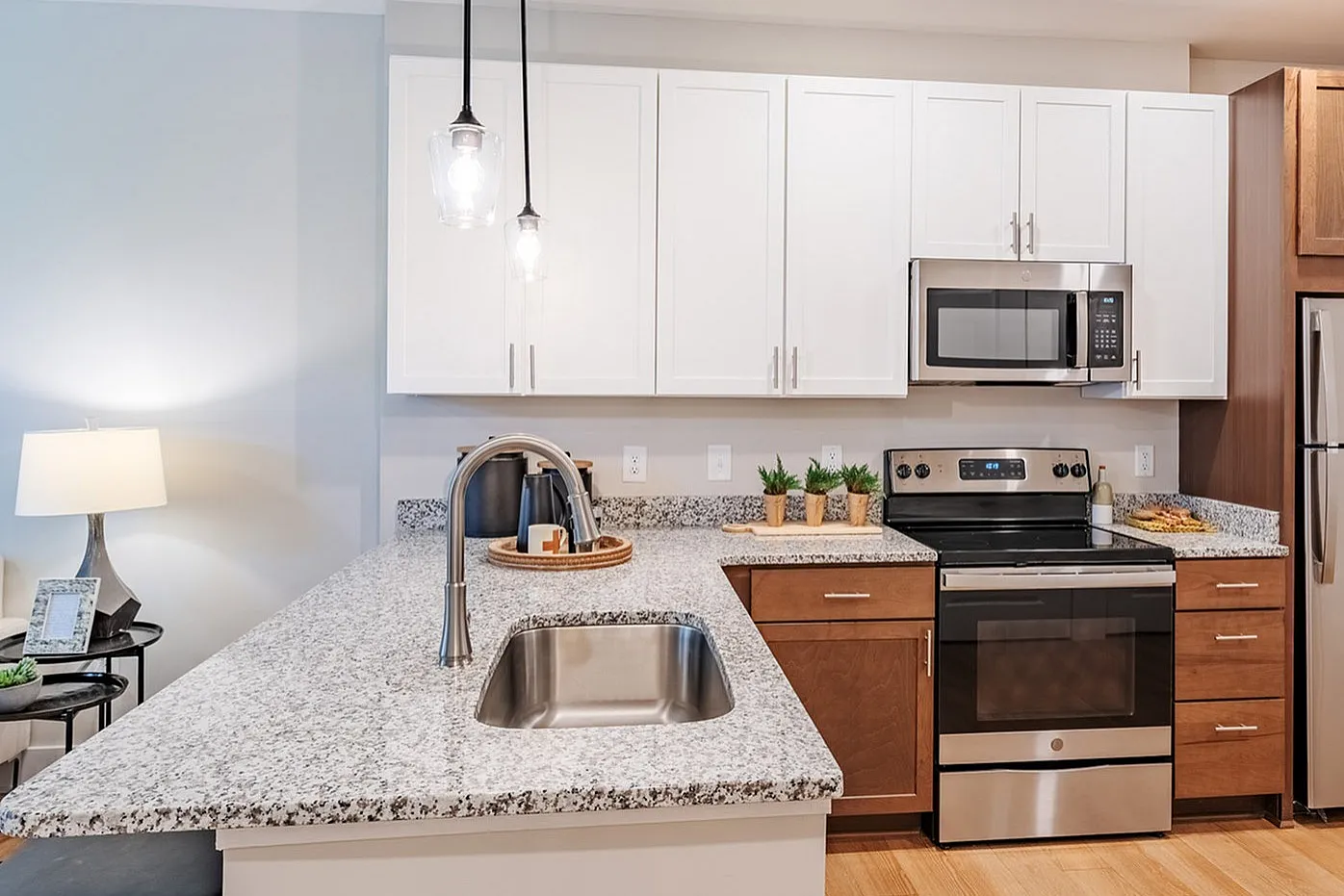 Modern kitchen with sleek granite countertops, stainless steel appliances, and stylish pendant lighting, opening into a cozy living space with a plush sofa.