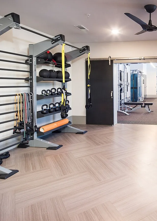 Modern gym space equipped with exercise bikes, rowing machine, and strength training area with kettlebells and resistance bands.