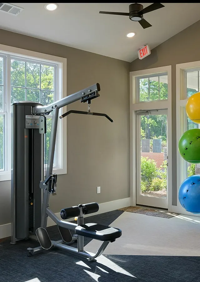 Bright and airy fitness room featuring state-of-the-art gym equipment and colorful exercise balls.