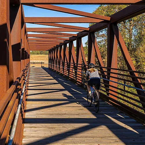 Cyclist enjoying a ride on a sunlit wooden bridge framed by rusty steel beams.