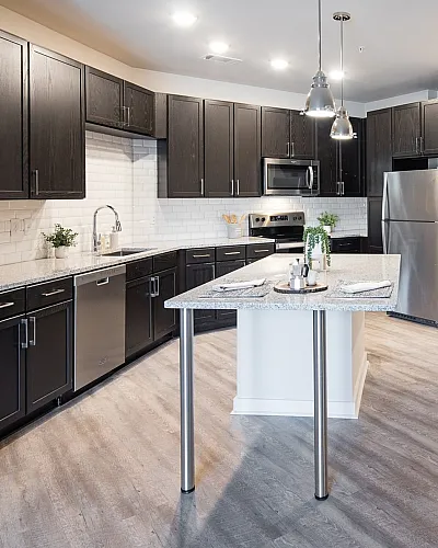 Contemporary kitchen with dark cabinetry, stainless steel appliances, and sleek island seating.