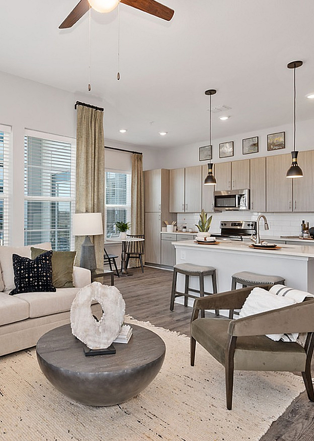 Bright and modern living room with open-plan kitchen, featuring sleek appliances, stylish furnishings, and large windows for natural light.