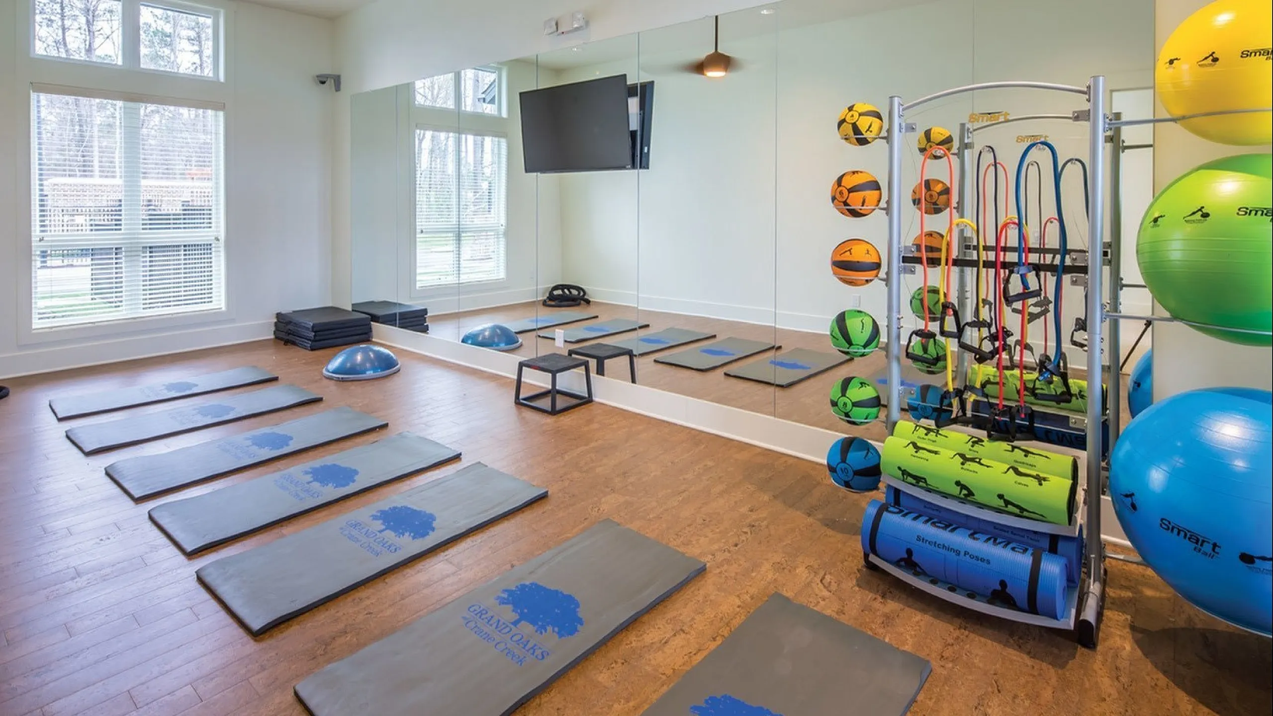 Bright and inviting fitness room with yoga mats, exercise balls, resistance bands, and mirrored wall for an energizing workout experience.