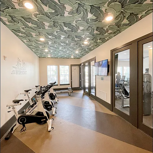Contemporary exercise room featuring stylish leaf-patterned ceiling, multiple spinning bikes, and large windows for natural light.