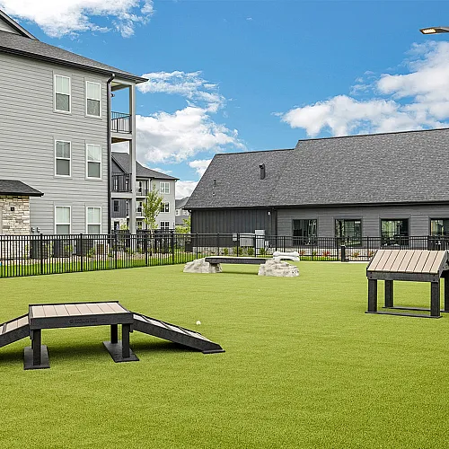 Charming apartment complex featuring a well-maintained dog park with agility equipment and modern amenities in a serene setting.