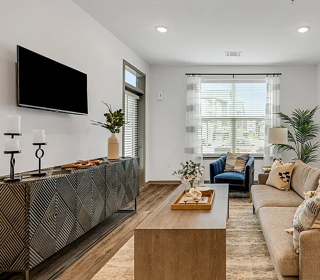 Bright and modern living room with a stylish sofa, elegant decor, and large window allowing abundant natural light.
